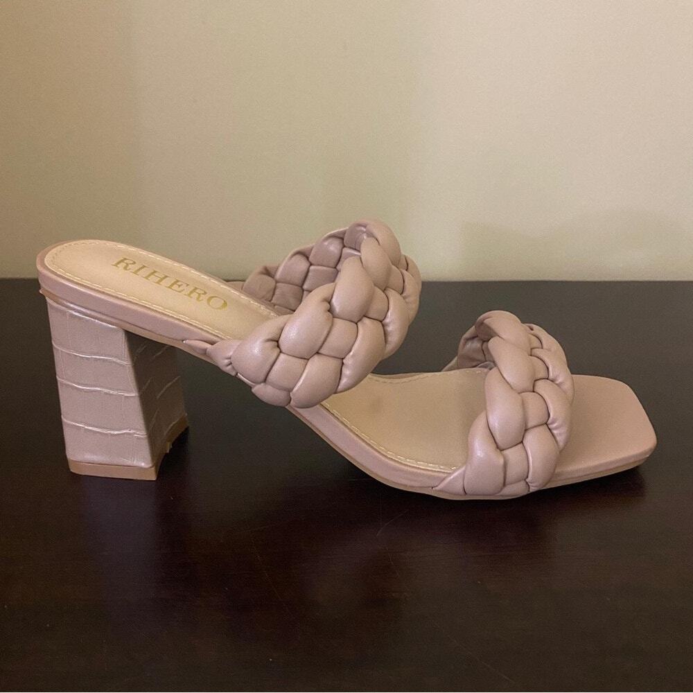 Rihero Women's Braided Heeled Sandals‎ Strappy Square Toe Slip On - Picture 4 of 7